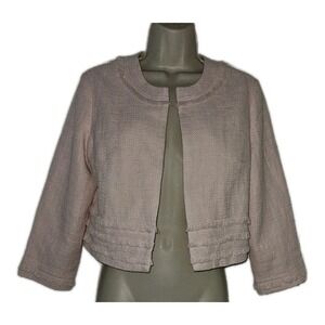 NWT Karl Lagerfeld Womens S Open Tweed Fringe Pink Blazer Jacket Barbiecore